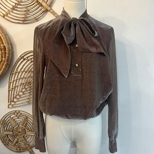 Vintage 1970s Julie Miller Metallic Lurex Bow Tie Disco Blouse Rhinestone S